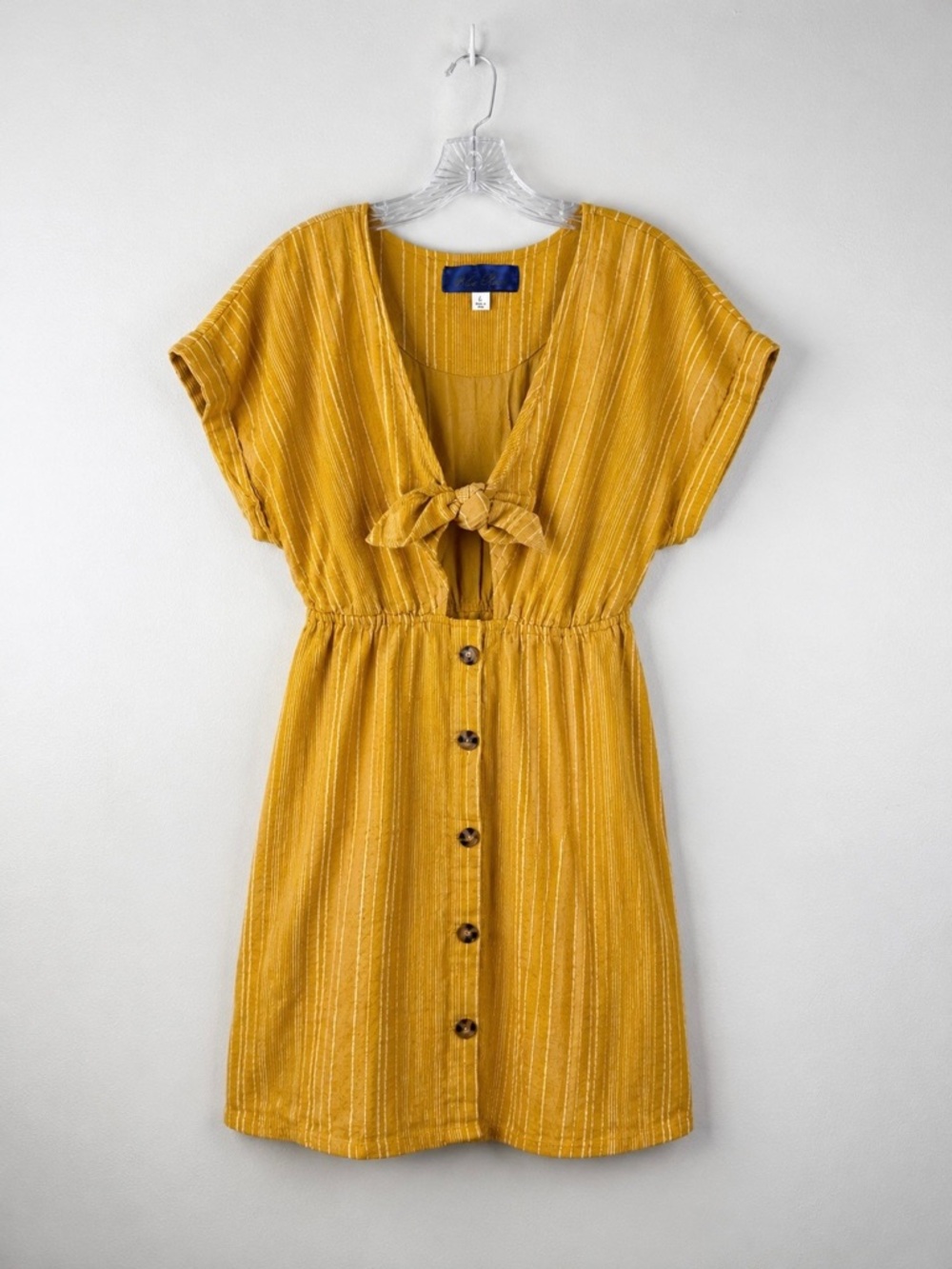 Blue Rain Mustard Stripe Peek-A-Boo Tie Front Mini Dress Cottagecore Boho Size L